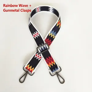 Detail view of colorful wave pattern adjustable shoulder strap with gunmetal swivel hooks