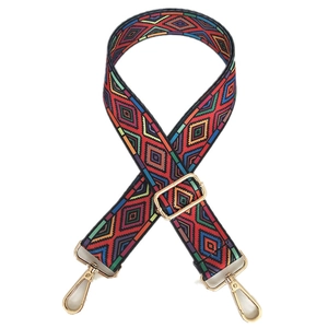 Ethnic style red geometric woven wide shoulder strap with gold metal hooks for handbags