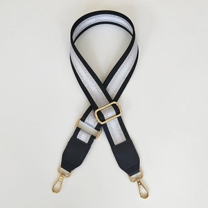 Adjustable black and silver glitter striped wide shoulder strap with gold metal hooks