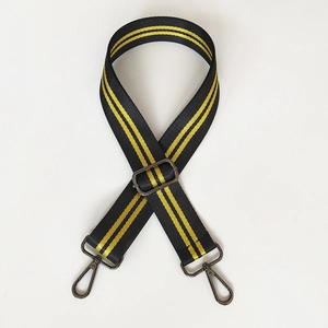Adjustable black nylon shoulder strap with yellow stripes and gunmetal buckles