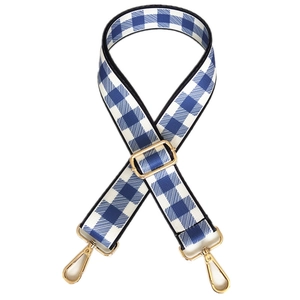 Adjustable blue and white gingham bag strap with gold metal swivel hooks and buckles