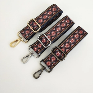 Detail of adjustable ethnic style wide straps with geometric weaving and metal clasps