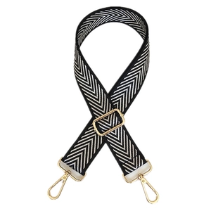 Adjustable black embroidery crossbody bag strap with silver thread and golden buckles