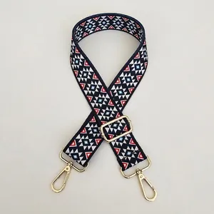 Close-up of ethnic geometric pattern strap with polished golden metal hardware