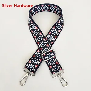 Close-up of ethnic geometric pattern wide woven bag strap with silver metal buckles