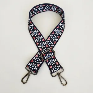 Detail of tribal pattern woven bag strap with adjustable gunmetal hardware and lobster clasps