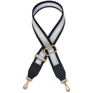 Adjustable wide black and silver stripe guitar style shoulder strap with gold hooks