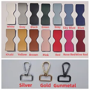 Detailed collection of colorful leather connectors and metal lobster clasps for bag straps