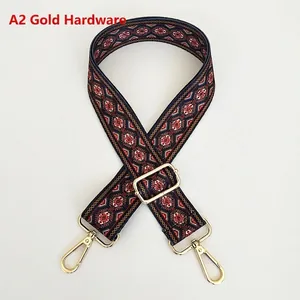 Detail of vintage ethnic geometric pattern bag strap with polished gold hardware