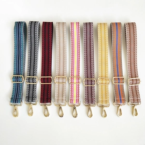 Detail view of colorful adjustable ethnic style woven purse straps with gold metal hardware