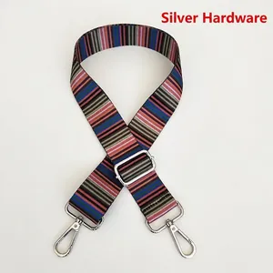 Detail of A3 silver metal buckle and colorful striped adjustable woven shoulder strap