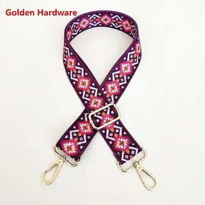Ethnic geometric pattern purple and pink wide adjustable shoulder strap with gold hardware
