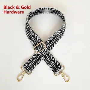 Adjustable wide replacement shoulder strap with black and white geometric ethnic embroidery
