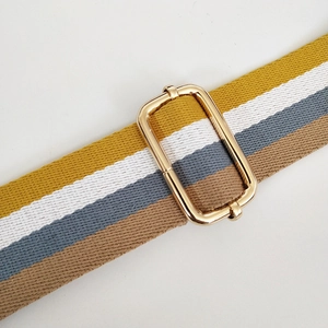 Detail of colorful striped 3.8cm woven bag strap with polished gold adjustable metal buckle