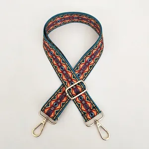 Ethnic geometric pattern colorful shoulder strap with adjustable golden hardware buckles