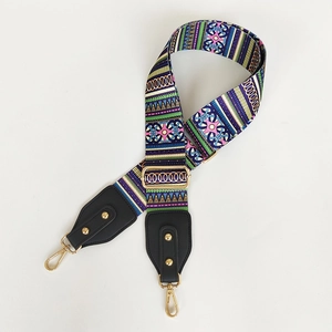 Close-up of ethnic geometric pattern canvas strap with gold metal lobster clasps