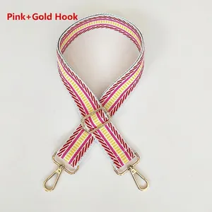 Detail of adjustable striped bag strap in pink and gold featuring rotating swivel hooks