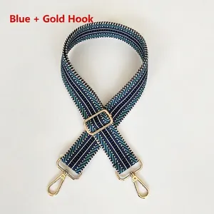 Detail of adjustable blue ethnic strap with geometric pattern and gold swivel hooks