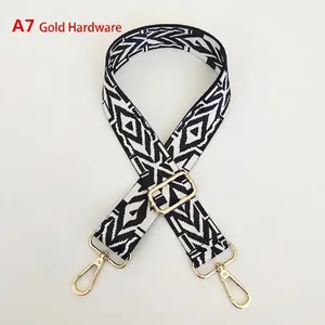 Close-up of geometric pattern wide shoulder strap with gold hardware and A7 model label