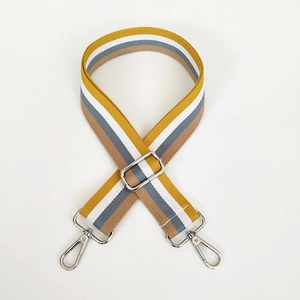 Close-up of a 3.8cm wide adjustable striped nylon shoulder strap with silver metal hooks