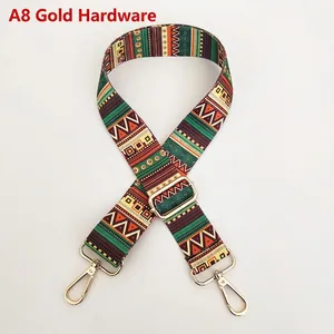 Detail of adjustable ethnic style woven strap with premium gold metal hardware clasps