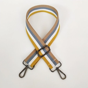 Detail view of 3.8cm striped wide shoulder strap with adjustable gunmetal buckle