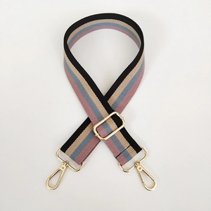 Detail of adjustable 3.8cm striped woven strap with gold metal lobster clasps