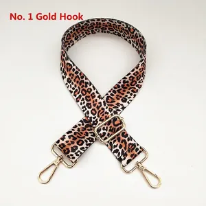 Detail view of 3.8cm wide leopard print fabric shoulder strap with gold lobster clasps