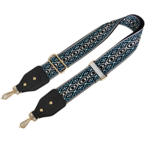 Colorful bohemian canvas bag strap with blue and black geometric embroidery and gold hardware