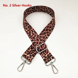 Detail of adjustable 3.8cm wide leopard print bag strap with silver metal hooks