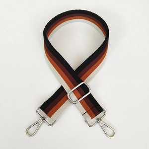 Detail of 3.8cm wide adjustable striped bag strap with silver metal swivel hooks