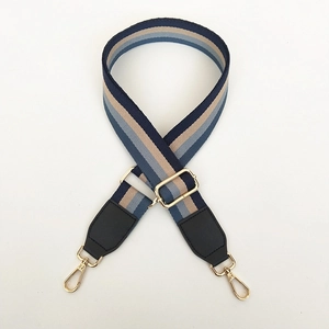 Detail van verstelbare tasriem met blauwe en grijze strepen en gouden karabijn