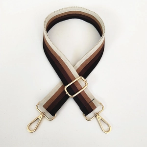 Detail of multi-color striped fabric bag strap with adjustable gold-toned metal buckles