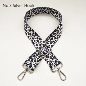 Detail of 3.8cm leopard print bag strap with adjustable length and silver swivel hooks