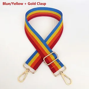 Detail of adjustable 3.8cm striped wide shoulder strap with gold metal lobster clasps