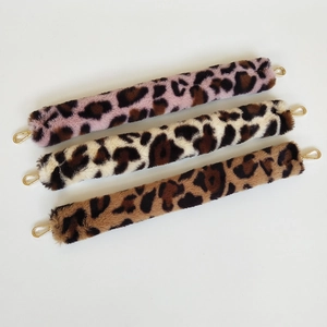 Faux rabbit fur leopard print shoulder straps in pink, beige and brown with gold clips