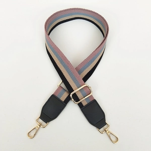 Detail van verstelbare gestreepte tasriem met roze, blauwe strepen en gouden metalen gesp