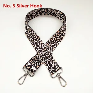 Detail view of 3.8cm leopard print bag strap with silver metal swivel hooks and buckle