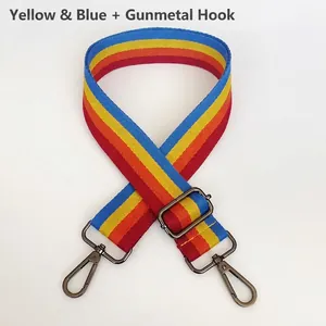 Adjustable rainbow striped bag strap with gunmetal hooks and yellow blue accents