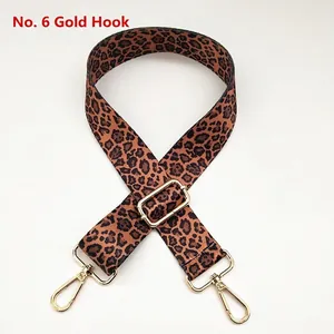 Detail of adjustable leopard print bag strap with polished gold-tone metal clasps
