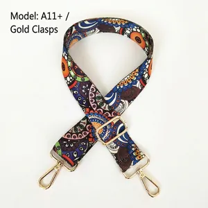 Adjustable bohemian style replacement bag strap with colorful patterns and gold hooks