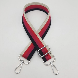 Adjustable striped shoulder strap for handbags with silver lobster claw metal clasps