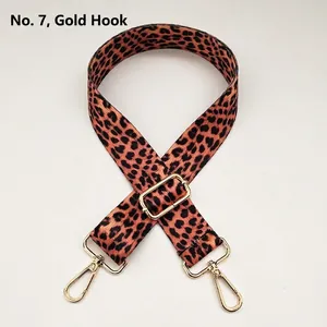 Detailed view of leopard print wide strap with adjustable golden metal buckle and hooks