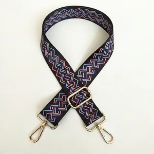 Close-up of pink and blue geometric pattern on wide woven bag strap with gold hooks