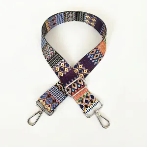 Detail of adjustable geometric patterned bag strap with durable silver lobster hooks