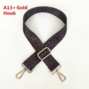 Detail of adjustable wide shoulder strap with ethnic pattern and gold swivel hooks