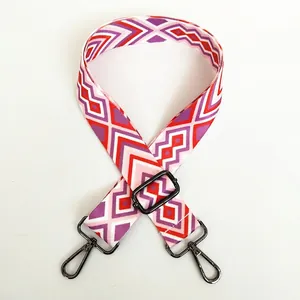 Detail view of ethnic geometric canvas strap with gunmetal swivel snap hooks