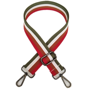 Adjustable wide canvas shoulder strap with colorful stripes and bronze metal hooks