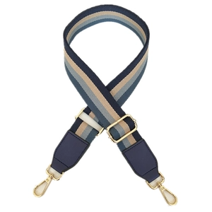 Verstelbare brede gestreepte schouderriem met donkerblauw leer en gouden metalen haken