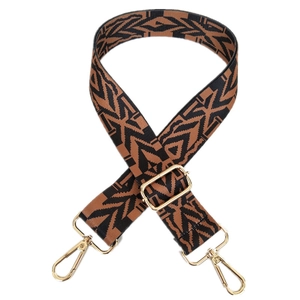 Adjustable wide replacement shoulder strap with brown geometric ethnic pattern and gold buckles